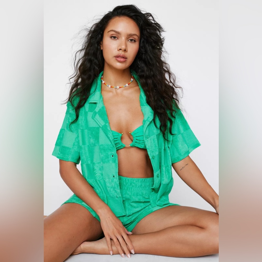 Nasty Gal Towelling Checkerboard Cover Up Shirt and Shorts set